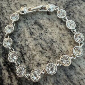SAQ Tennis Bracelet Chunky Rhinestone Crystal Silver Tone Signed